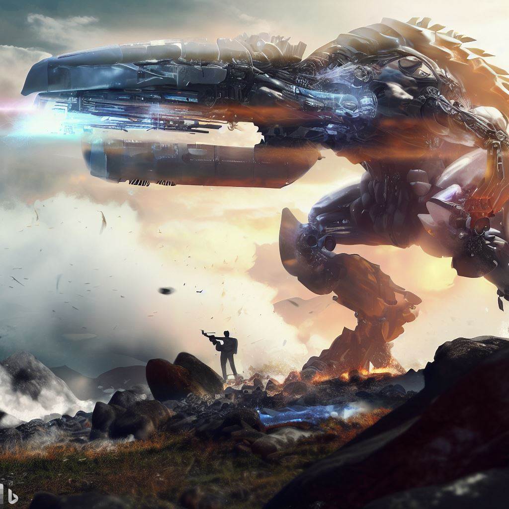 giant future mech dinosaur with glass body firing guns, rocks in foreground, wildlife in foreground, smoke, detailed clouds, lens flare 13.jpg